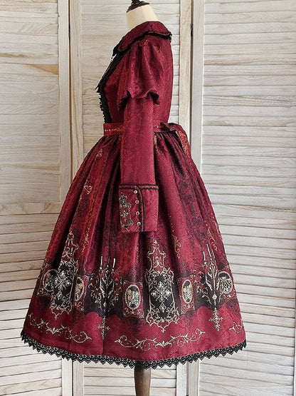 Red Dress with Lolita Wings Print Bat Gothic Candelabras Juliette Sleeves