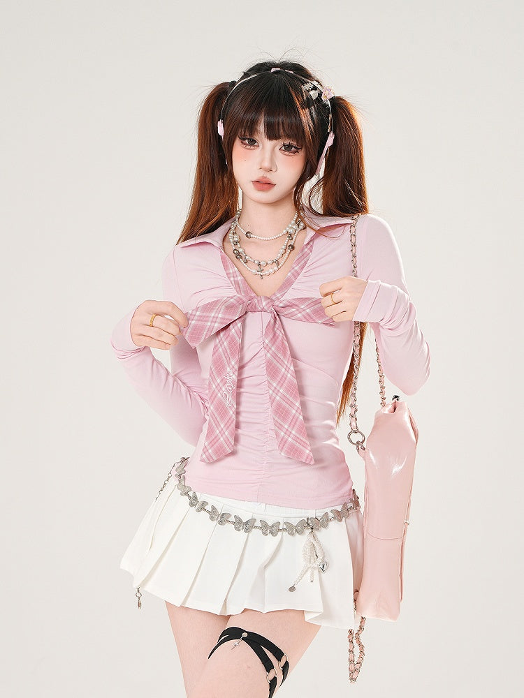 with Long Tie Gray/Pink Plaid Sleeve Accent V-Neck Bow Top