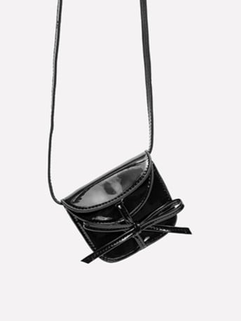Chic Black Crossbody Card Holder With Glossy Finish And Bow Accent