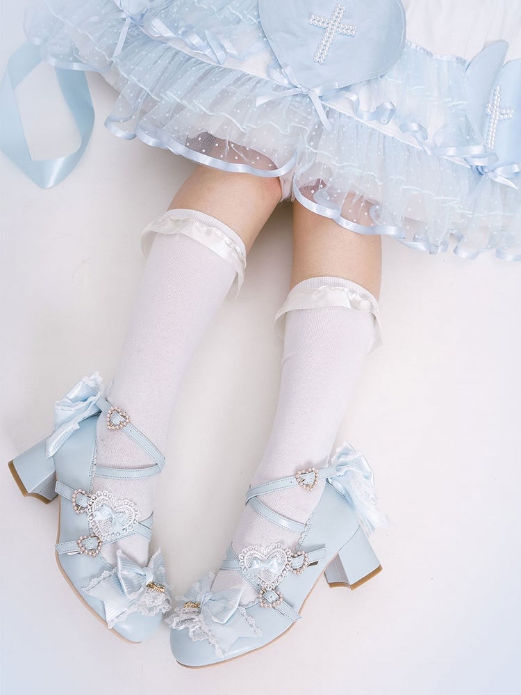 Bowknot-Träger Herz-Block-Design 5CM Heels Kreuzmuster Süße Schnalle Details Schuhe Lolita Blau