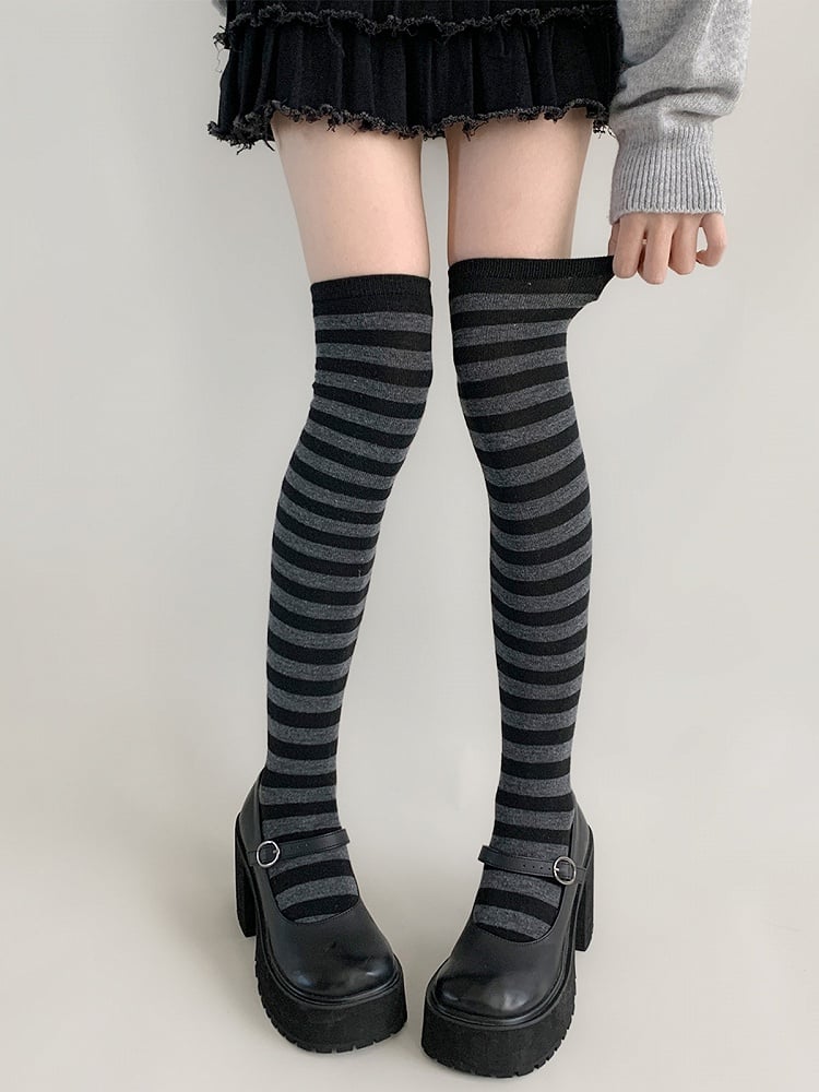 Over-the-Knee Striped Stockings Slim-Fit Thin