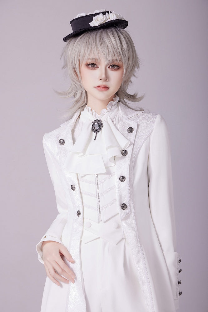 White Jacquard Coat with Zip Closure, Lace-Up Back, and Cutout Detail - DevilInspired Exclusive Collection