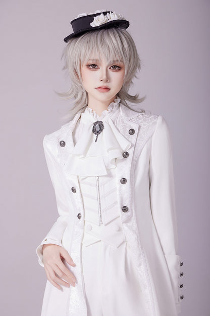 White Jacquard Coat with Zip Closure, Lace-Up Back, and Cutout Detail - DevilInspired Exclusive Collection