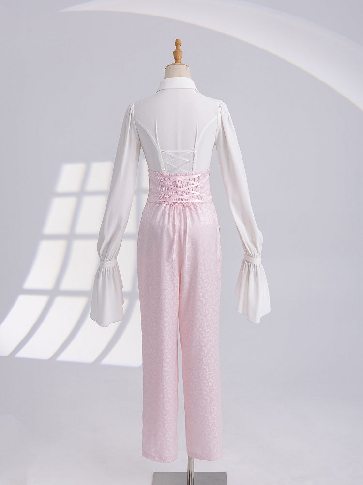 Cherry Blossom Print High-Rise Trousers in Sakura Pink - DevilInspired Exclusive Collection