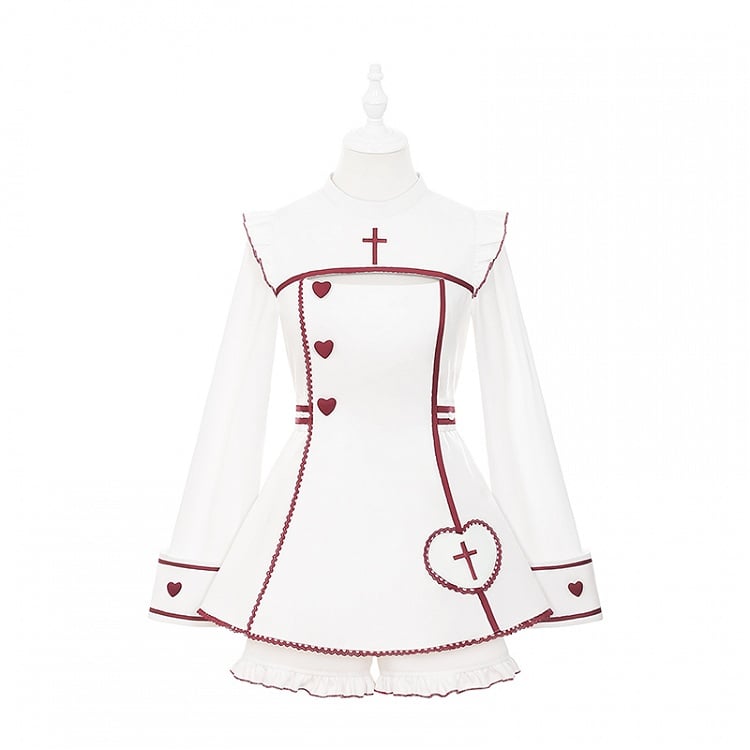 Halloween-Kleid mit Herz-Maid-Yami-Shorts und Set: Kawaii-Knöpfe, Kreuz + rot-weiße Stickerei