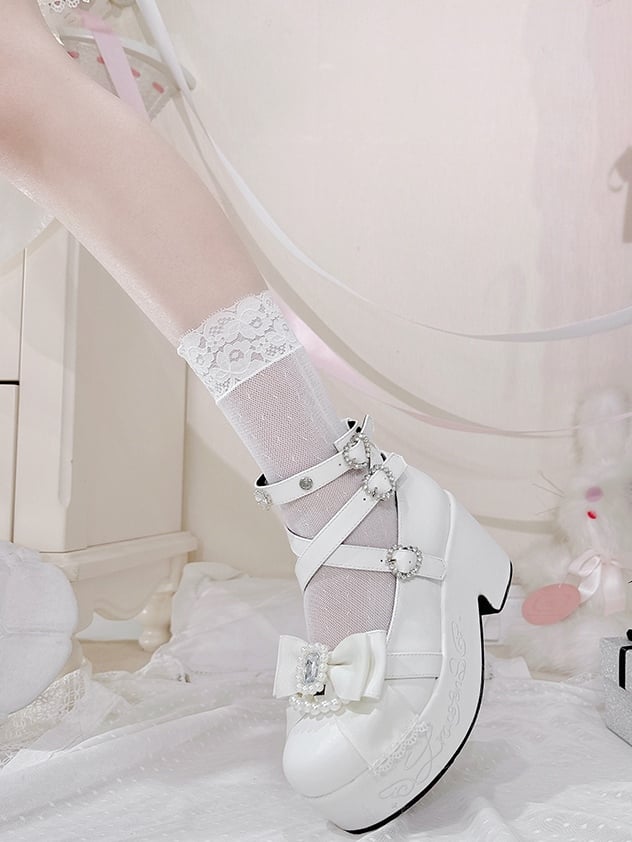 マットなラインストーンとリボンのホワイトブロックケイ、ハイプラットフォームのビーズ付きジライ装飾ヒールトップ