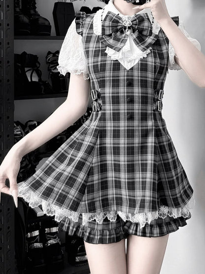 Jabot Black & White Jirai-Kei Plaid Short Sleeve Gown with Lace Bow Accents + Matching Shorts Set - Puzzles