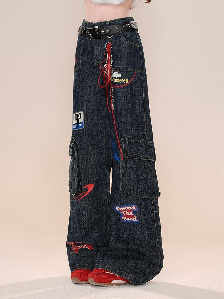 Dunkle Jeans Leg High Blue Street Wide Cargo