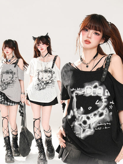 Semi-sheer Asymmetrical Neckline Buckle Strap T-Shirt Kitty Print Black/White/Gray