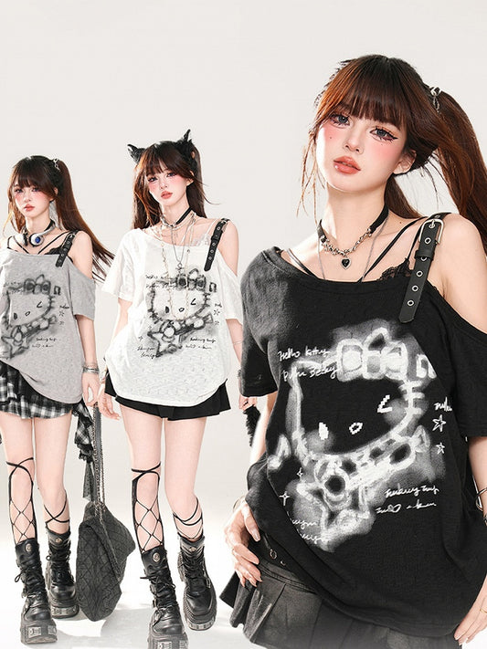 Semi-sheer Asymmetrical Neckline Buckle Strap T-Shirt Kitty Print Black/White/Gray