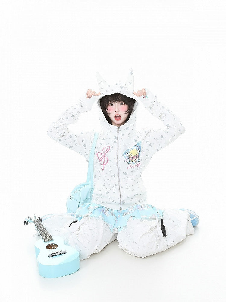 Jacket Print Vintage Star White Cartoon Y2K And Hooded