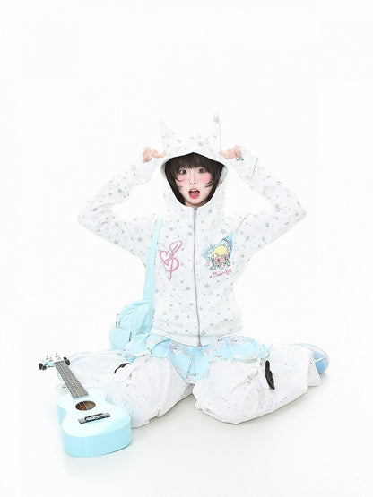Jacket Print Vintage Star White Cartoon Y2K And Hooded