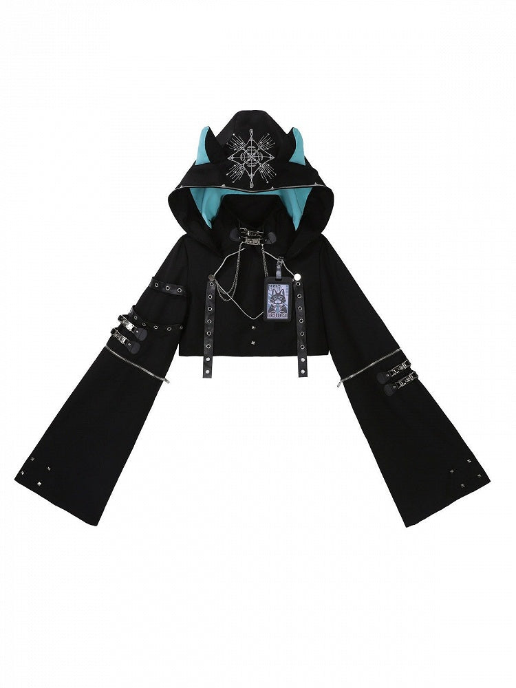 Cropped Long-Sleeve Hoodie Top with Cat Ears, Metal Buckles in Black & Blue - Xiong Dou Jiang