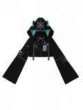 Cropped Long-Sleeve Hoodie Top with Cat Ears, Metal Buckles in Black & Blue - Xiong Dou Jiang
