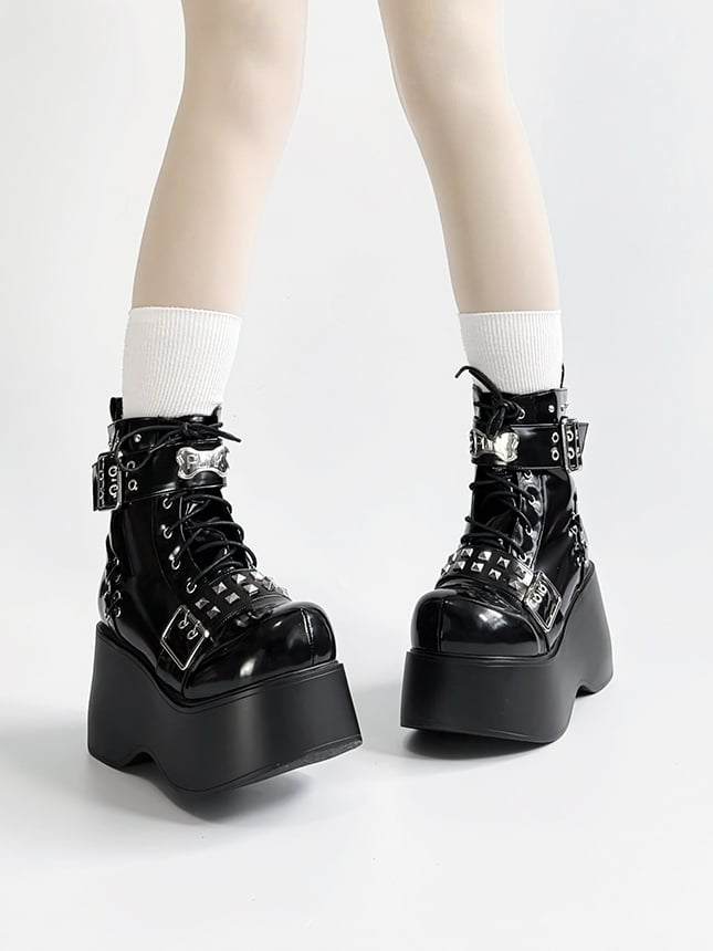 Bone with Design And Punk Studded Platform Black Lace-Up Polished Accents Details Boots PU Buckle -