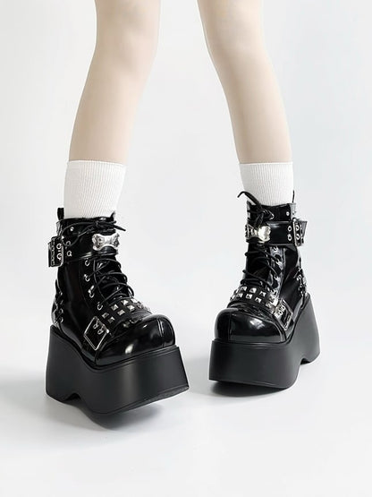 Bone with Design And Punk Studded Platform Black Lace-Up Polished Accents Details Boots PU Buckle -