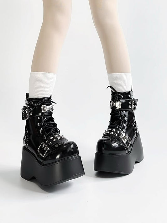 Bone with Design And Punk Studded Platform Black Lace-Up Polished Accents Details Boots PU Buckle -