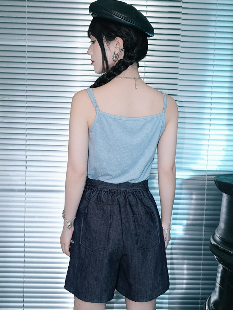 Black Denim-Effect Wide-Leg Shorts with Detachable Chinese Style Embroidered Ribbon - Quirky Hut