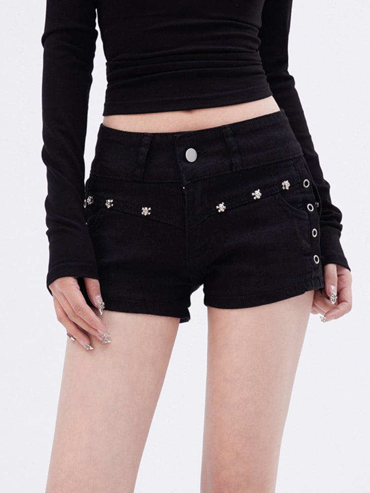 Y2K Taille Denim Shorts Nieten Glamourös Schwarz Niedrig