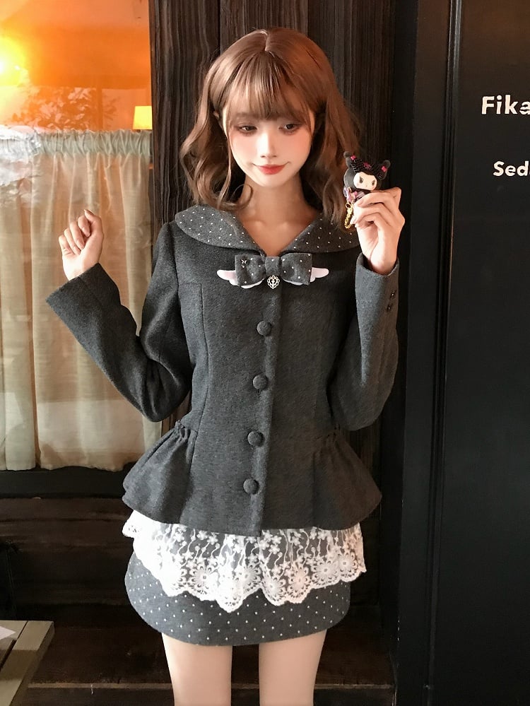 Gray Kei Polka Wool Coat Decor Bow Wing Dot Jirai Collar with