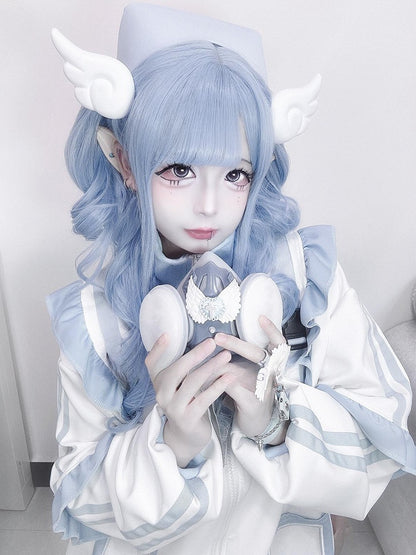 エアウィッグ付き 70cm 長さ 前髪 ウェーブ ブルー