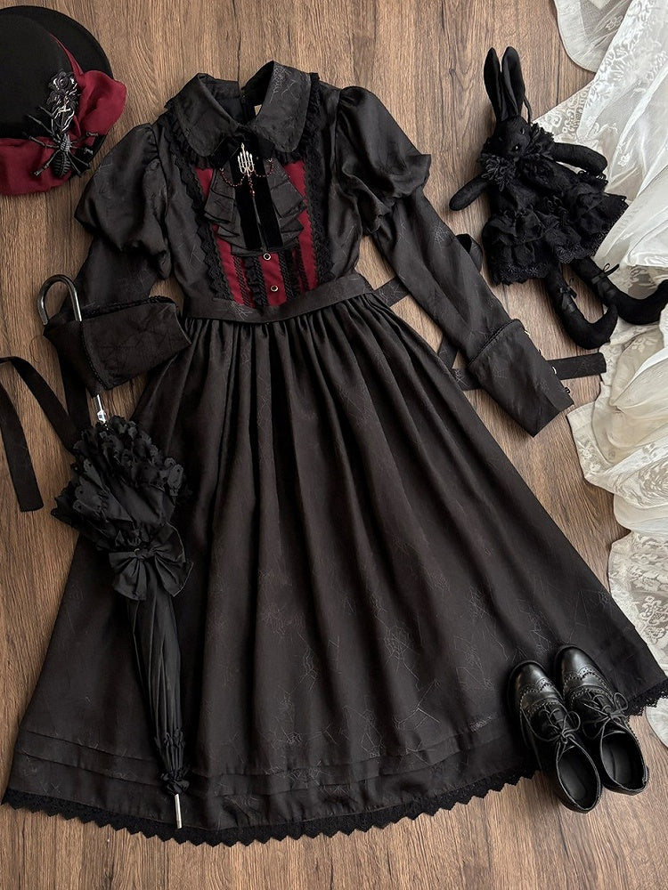 Lolita and Gothic with Lace Pattern Dress Spider Web Trim Black Juliette Sleeves
