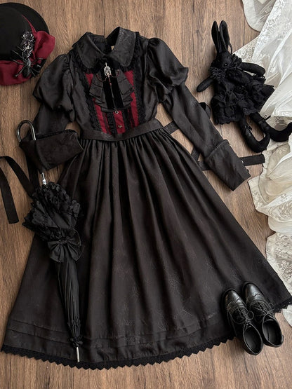Lolita and Gothic with Lace Pattern Dress Spider Web Trim Black Juliette Sleeves
