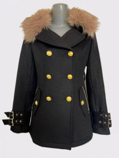 Black Wool Double-Breasted Coat with Faux Fur Collar and Gyaru-Style Buckle Detailing