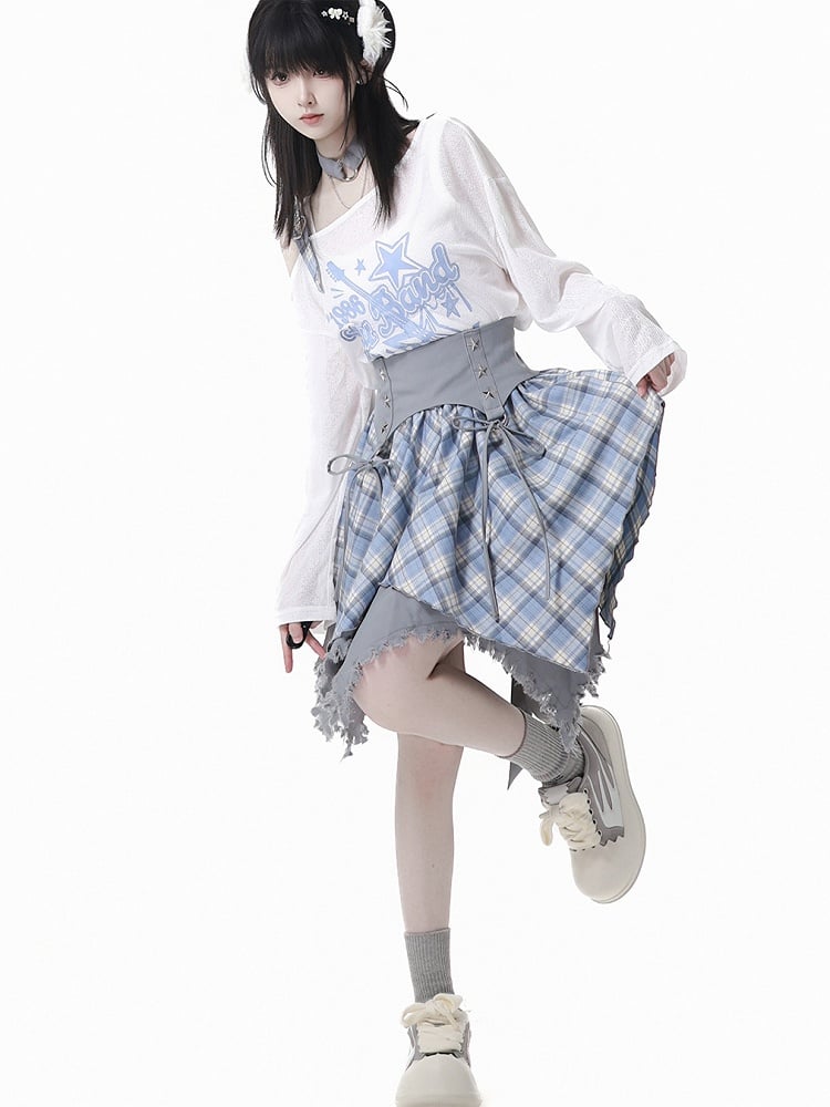 Blue/Black Free with Choker Guitar Print Asymmetrical Neckline Coverup