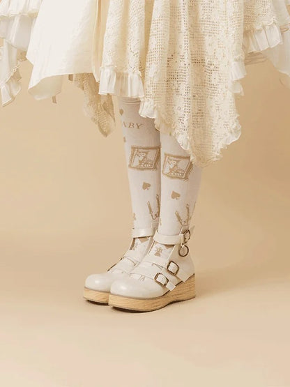 - Plateaus Off-White Vintage Runde Holzsohle 3 Riemen Zehenbereich cm Keilabsatz Maserung Schnalle 3–5