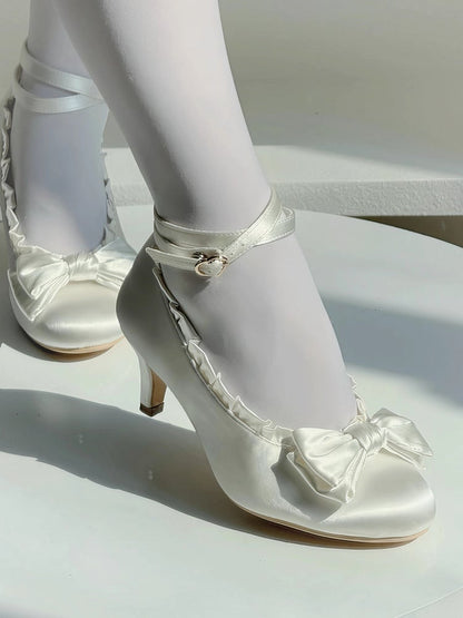 Ruffle Detachable Satin Mid-heel Snaps Lolita - with Janes White Trim Elegant Ankle 6cm Mary Dual