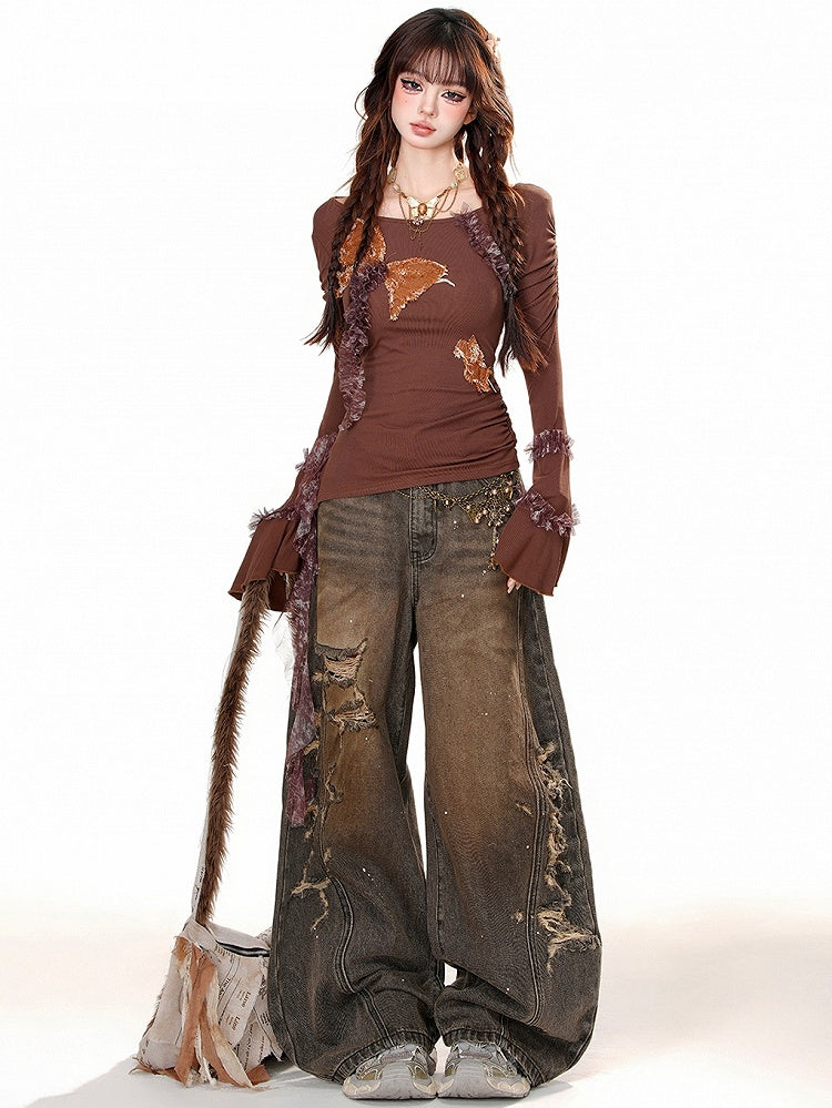 Braunes Mesh-Top mit Rüschendetail, geraffter Taille und Glockenärmeln