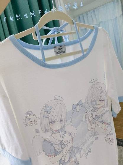 Neck Kawaii T-Shirt Yandere Angel Kei Top Light Blue Print Halter Style Jirai - Yami