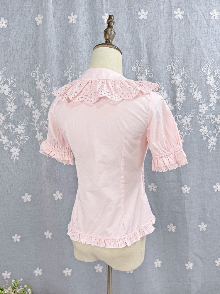 Pink Sweet Lolita Short Sleeve Cotton Blouse Bow Summer
