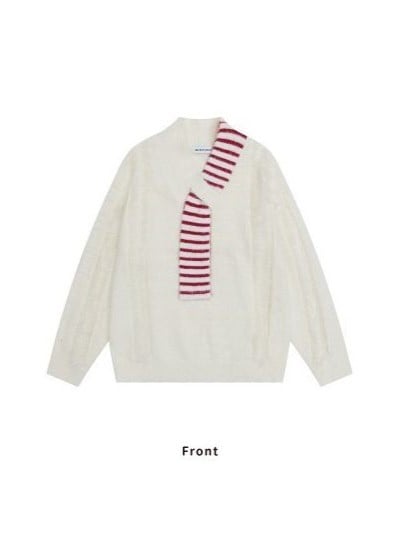 Scarf Knit Sweater Faux Red With - White Clearance Striped Two-Piece