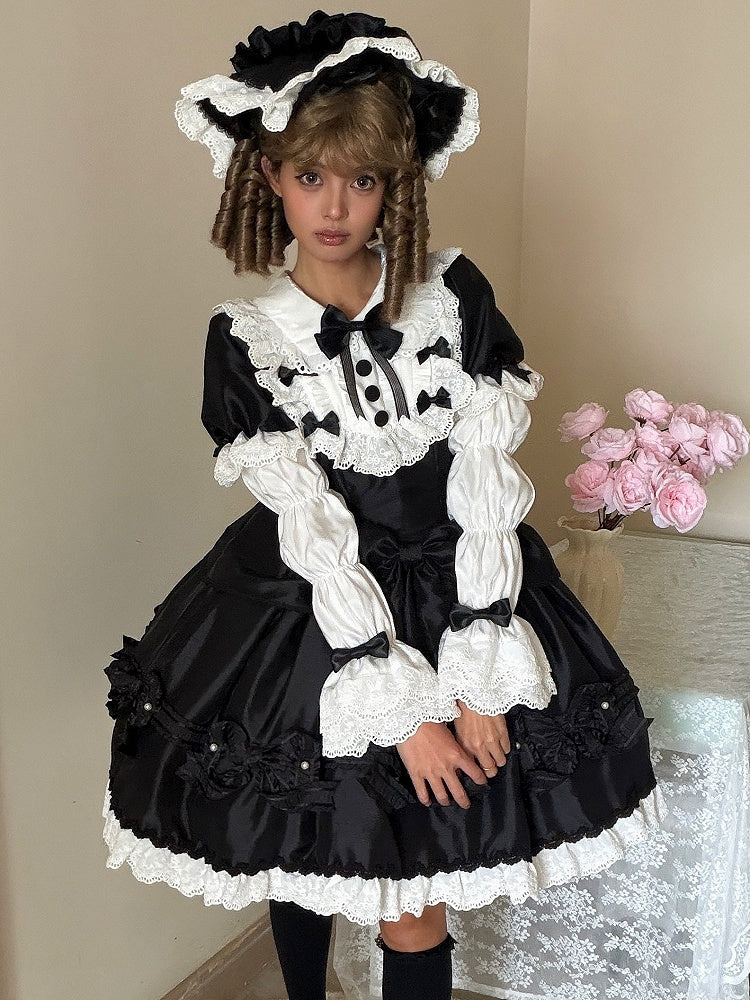 Details Dress with White Sweet Bead Trimmed Black Lolita Lace and Bow