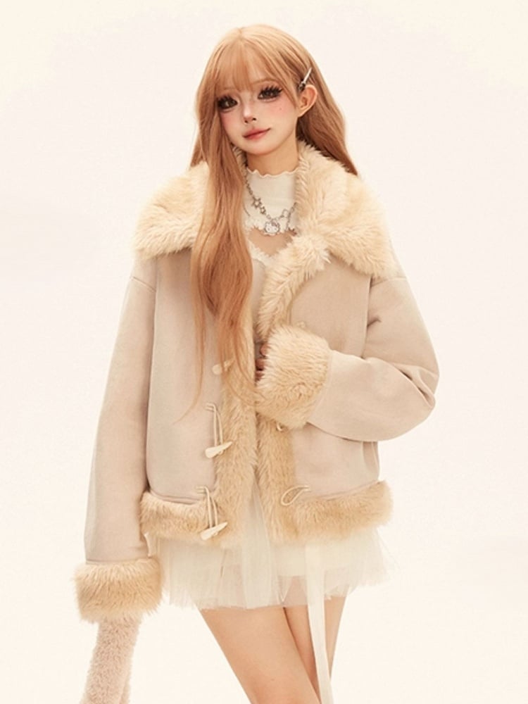 Khaki with Toggle Fur Fashion Coat Suede Short Trim Millard Faux Light