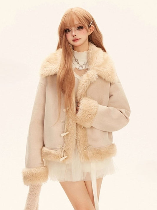 Khaki with Toggle Fur Fashion Coat Suede Short Trim Millard Faux Light