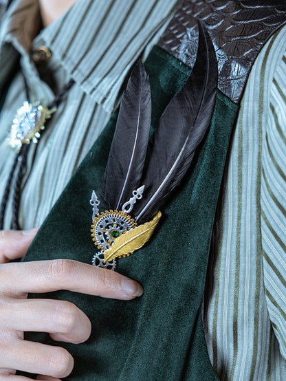 Brooch Decorated Black Gear Steampunk Rhinestone Feather Design Green