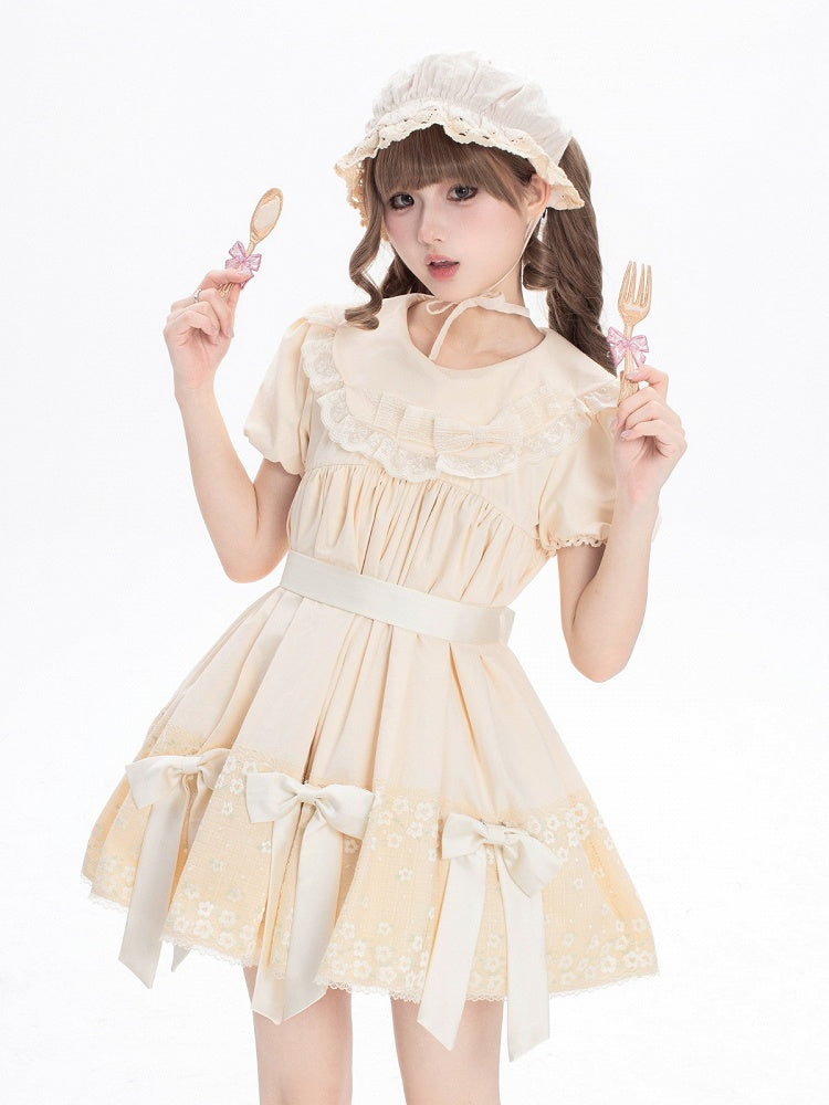 Sweet Beige Crew Neck Short Sleeve Lolita Dress Bow Accents - New Tea