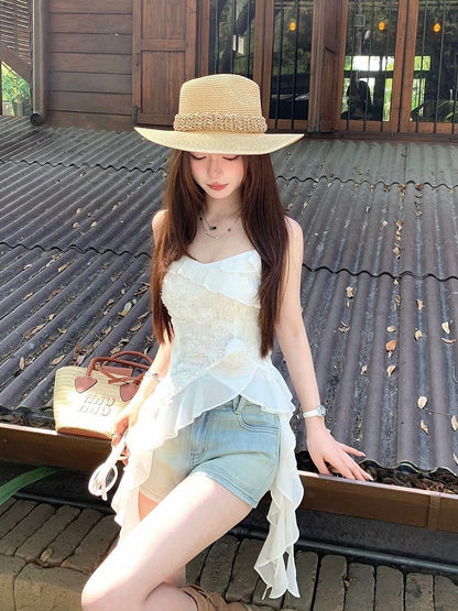 White Holiday Asymmetrical Ruffle Hem Top - Qchiwawameme