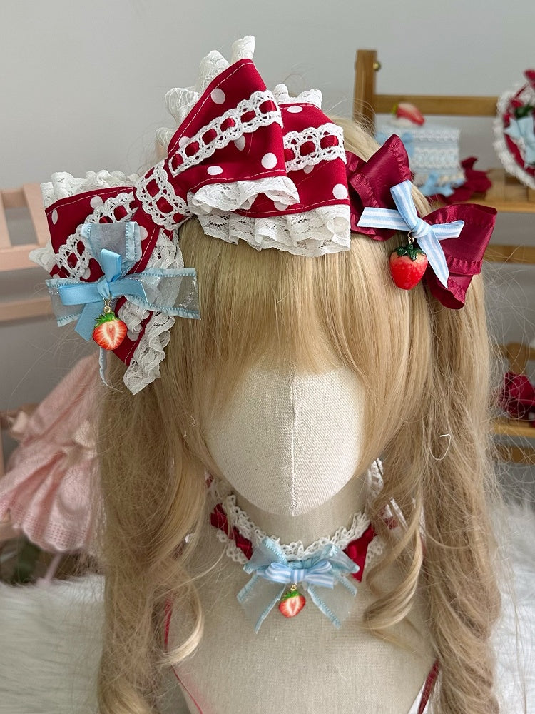 Bow Trim Charm Polka-dot KC Strawberry Lace Red Lolita With Sweet