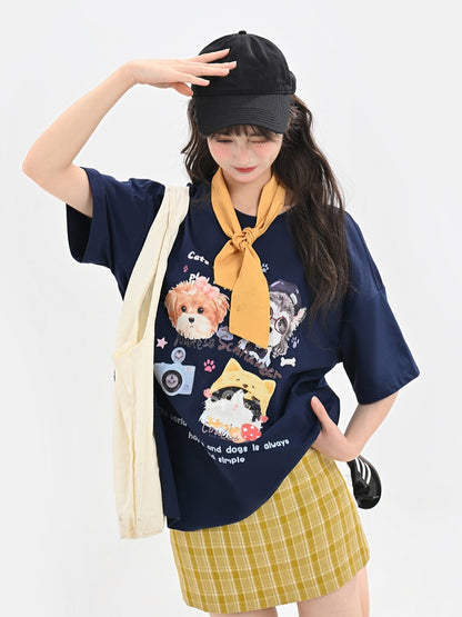 ホワイト/ブラック/ダークブルー ラウンドネック 子犬と子猫プリント ルーズTシャツ