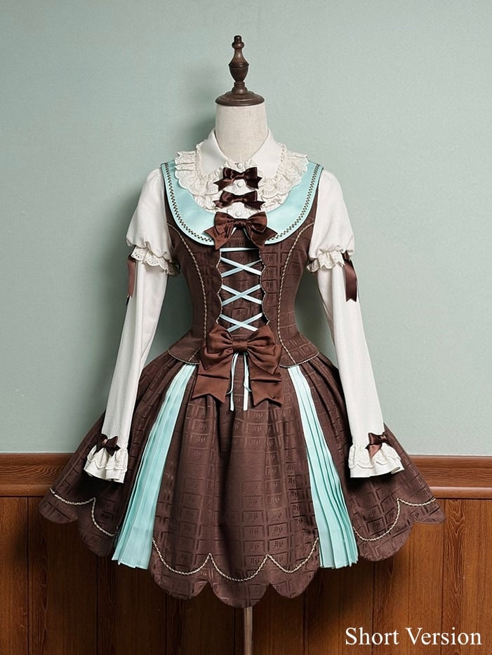 Scoop Scalloped Dress Chocolate Sweet Mint Hem with Lolita Neckline Edge Green