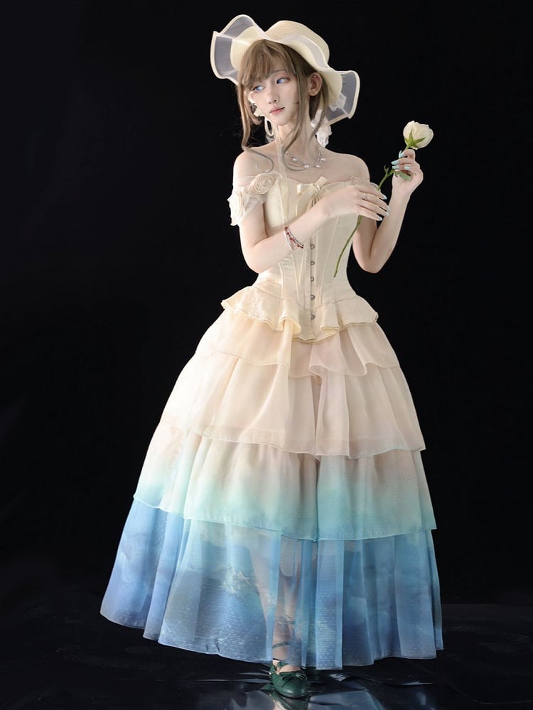 Lolita Wave-Inspired Beige Skirt Blue to Tulle Gradient Multi-Layered