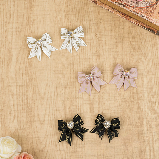 Letter Kei Rhinestone Bow Hairclips Jirai Black/Pink/White