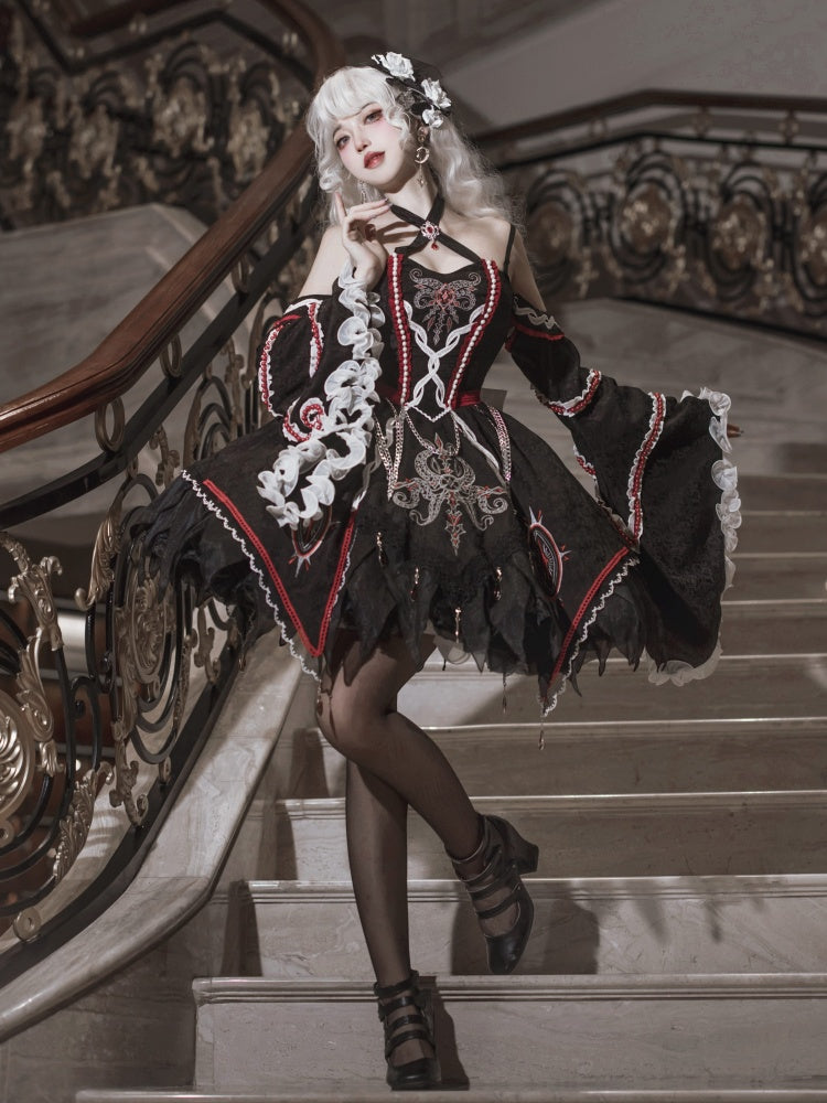 Black and Red Halter Neck Cthulhu Vibes Lolita Dress with Detachable Bell Sleeves