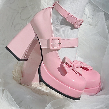 グラデーションピンクの取り外し可能な蝶結びプラットフォームハイブロックヒールロリータシューズ