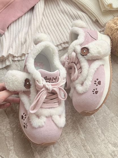 with Ears Lolita Print Accents Pink Sweet Tail Plush Sneakers Embroidery Dog - Paw