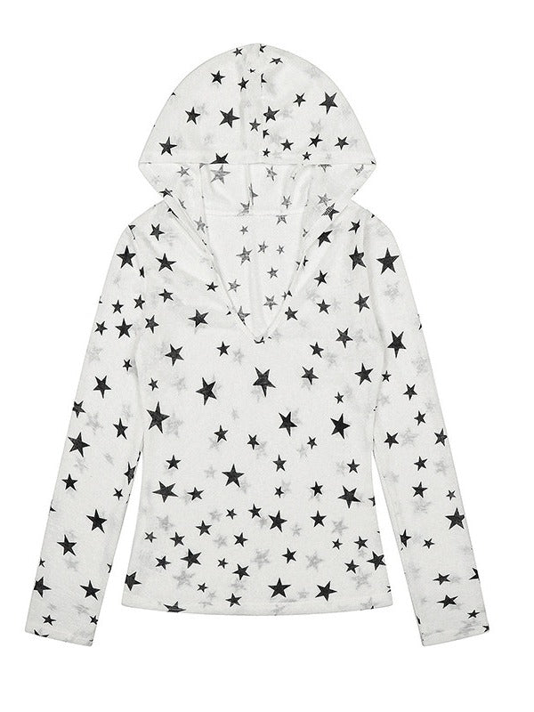 White Sheer Hooded Long Sleeve Top with Star Print Decoration - Solkatt